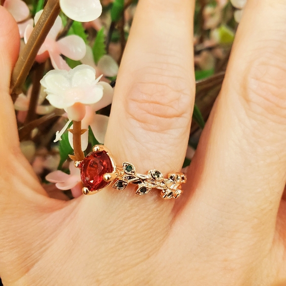 Grand Romantic Gesture Red Ruby Rose Emerald Green Leaf Gemstone 925 Golden Ring - Picture 7 of 16